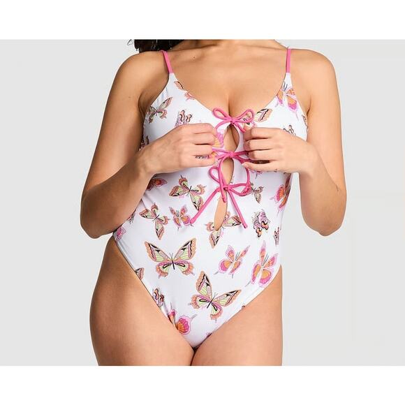 Victoria's Secret White & Pink Butterfly Print One Piece Swimsuit w Bows Large - Picture 1 of 9